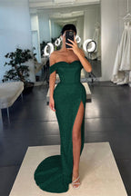 Burgundy Long Off-the-Shoulder Sequins Mermaid Evening Dress with Split