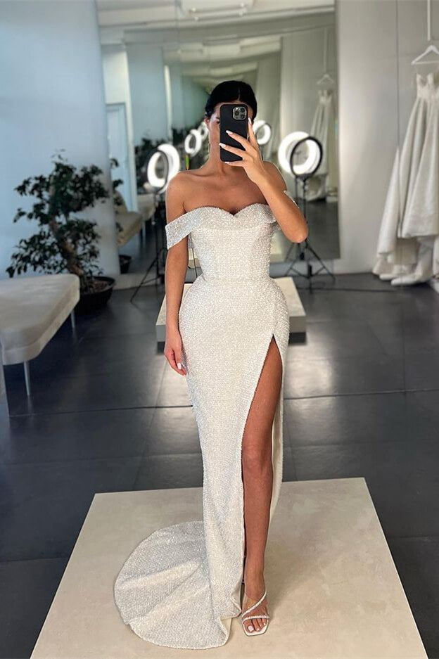 Burgundy Long Off-the-Shoulder Sequins Mermaid Evening Dress with Split