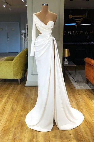 White One Shoulder Long Sleeves Sweetheart Mermaid Prom Dress with Split
