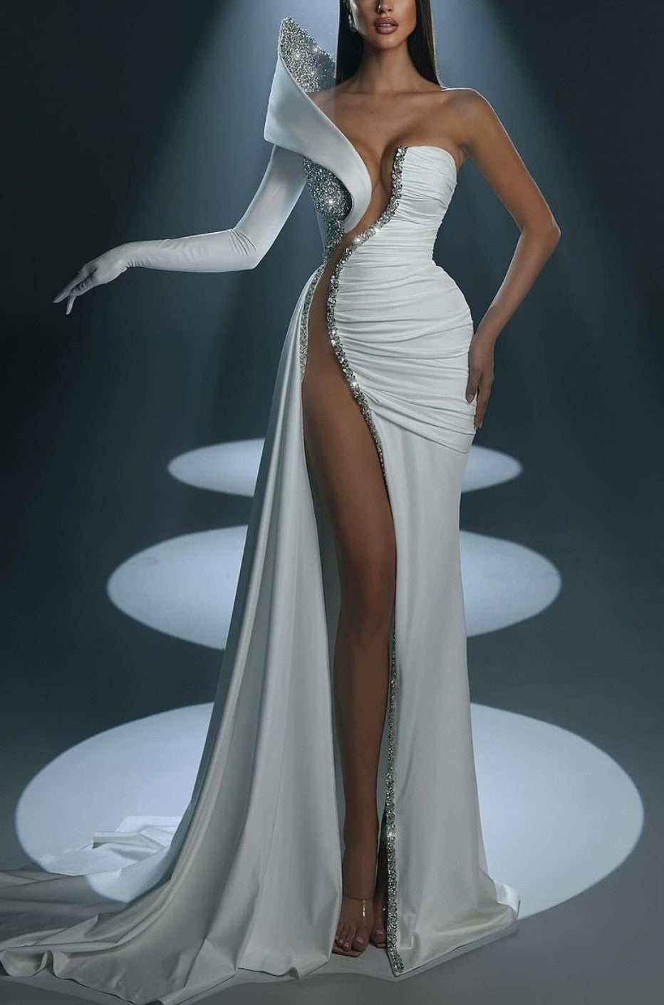 White Long Mermaid One Shoulder Satin Evening Dress with High Slit