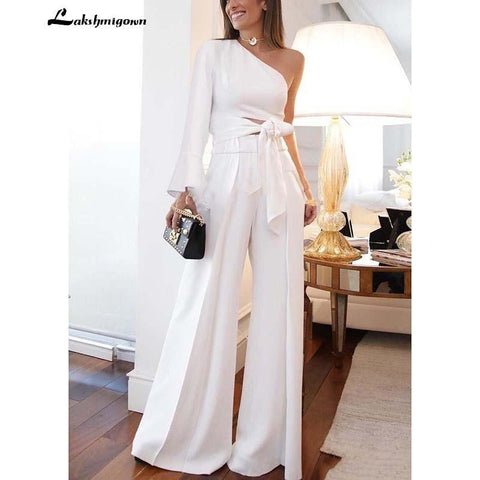 NumberSea Weiß Satin Jumpsuits Brautkleider Lange Ärmel