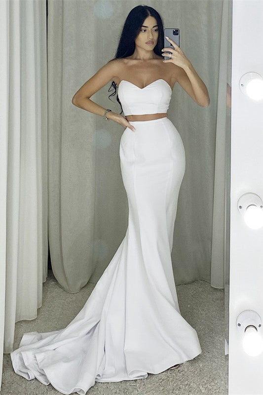 White Two Piece Long Mermaid Satin Formal Prom Dress