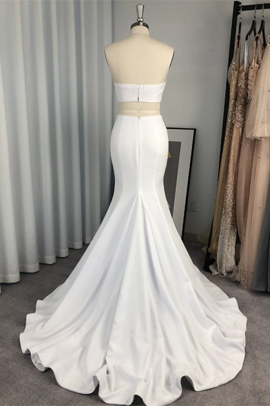 White Two Piece Long Mermaid Satin Formal Prom Dress