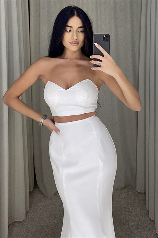 White Two Piece Long Mermaid Satin Formal Prom Dress