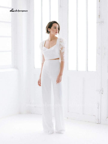 NumberSea Weißer Hochzeits-Jumpsuit Strand-Brautkleider