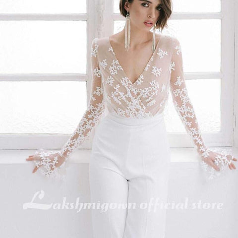 NumberSea Weißer Hochzeits-Jumpsuit Strand-Brautkleider V-Ausschnitt Langarm