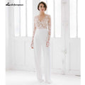 NumberSea Weißer Hochzeits-Jumpsuit Strand-Brautkleider V-Ausschnitt Langarm