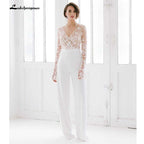 NumberSea White Wedding Jumpsuit Beach Wedding Dresses V Neck Long Sleeve
