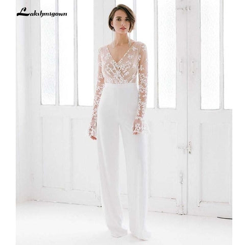 NumberSea Weißer Hochzeits-Jumpsuit Strand-Brautkleider V-Ausschnitt Langarm