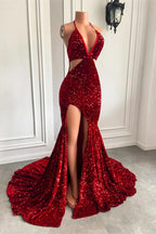 Burgundy Long Halter Sequins Mermaid Prom Dress with Split