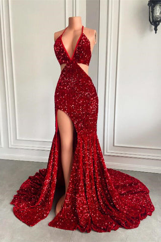 Burgundy Long Halter Sequins Mermaid Prom Dress with Split