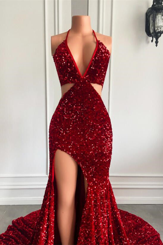 Burgundy Long Halter Sequins Mermaid Prom Dress with Split