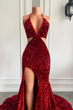 Burgundy Long Halter Sequins Mermaid Prom Dress with Split