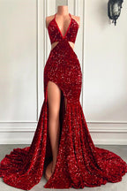 Burgundy Long Halter Sequins Mermaid Prom Dress with Split