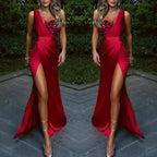 Burgundy Long One Shoulder Satin Mermaid Front Split Prom Dress
