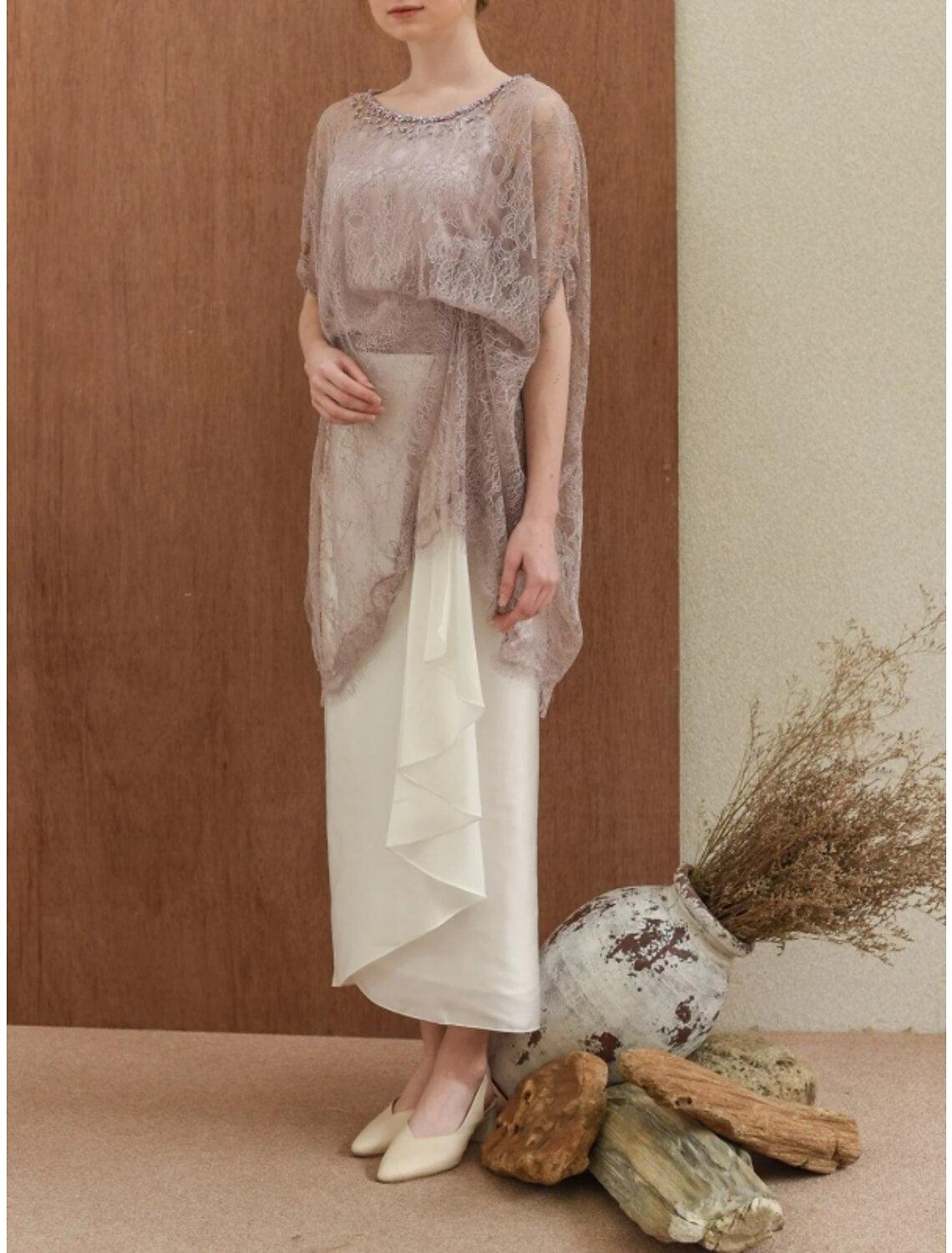 Vestido de mãe da noiva com bainha/coluna, elegante, decote redondo, comprimento até ao tornozelo, cetim, meia manga com folhos de missangas