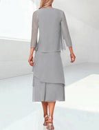 Elegant Wedding Guest Tea Tiered Chiffon 3/4 Length Sleeve Wrap Included with Mother of the Bride Dress