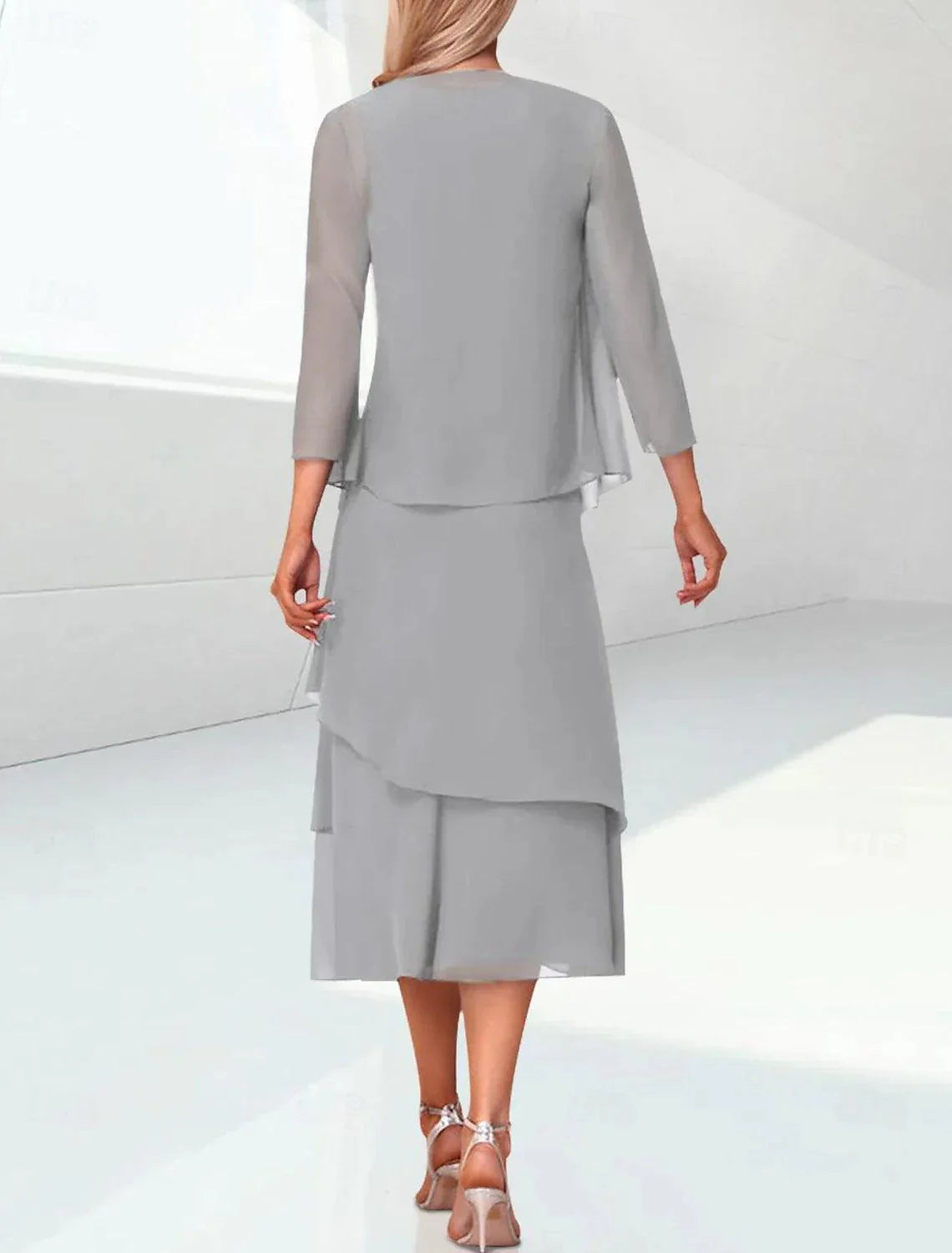 Elegant Wedding Guest Tea Tiered Chiffon 3/4 Length Sleeve Wrap Included with Mother of the Bride Dress