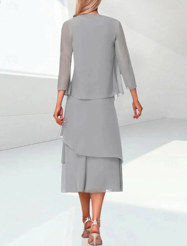 Elegantes, gestuftes Chiffon-Überkleid mit 3/4-Ärmeln für Hochzeitsgäste im Kleid für die Brautmutter enthalten
