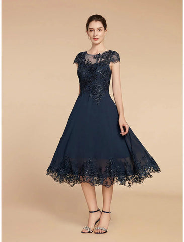 Elegantes Vintage-Kleid für formelle Hochzeitsgäste mit U-Ausschnitt, knielang, Spitze, 3/4-Ärmel und Paillettenapplikationen, Mutter der Braut