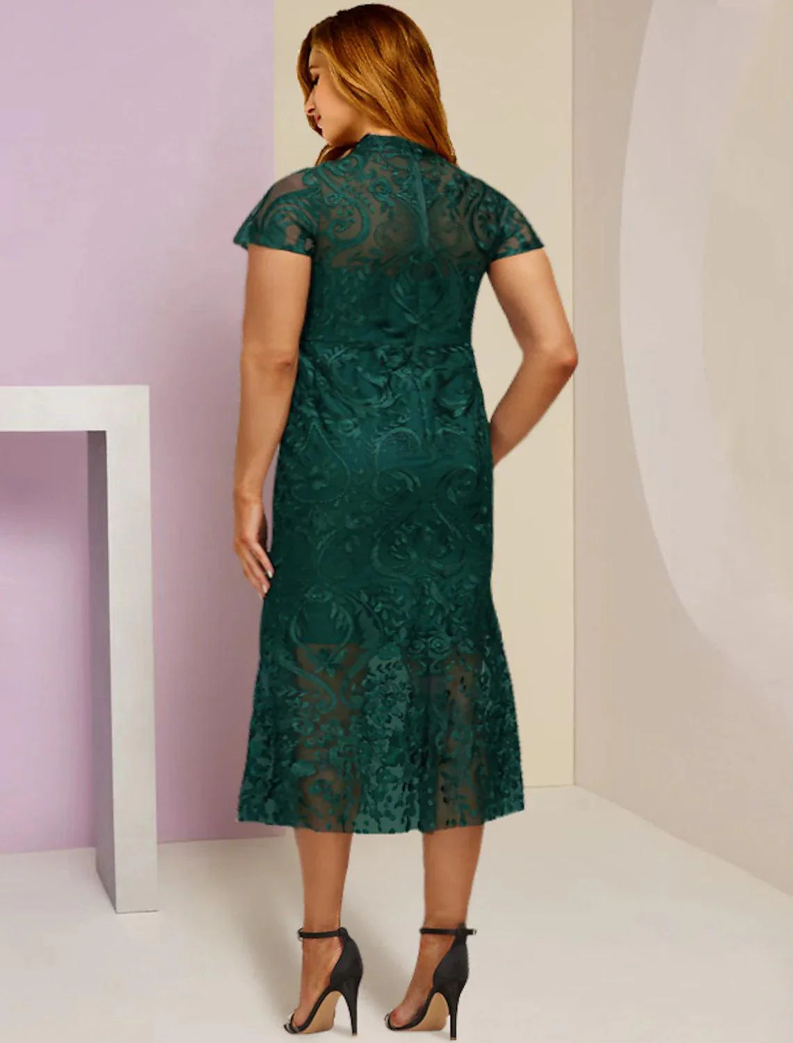 Vestidos para mãe da noiva plus size, curvas, barriga escondida, convidada de casamento, vintage, elegante, gola alta, comprimento chá, renda, manga curta, cor sólida