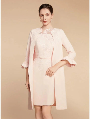Zweiteiliges A-Linien-Kleid für die Mutter der Braut, Hochzeitsgast, elegant, zierlich, Rundhalsausschnitt, kurz/Mini, Spitze, Stretch-Stoff, 3/4-Ärmel mit Schleife(n), Rüschen, einfarbig
