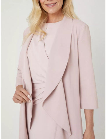Zweiteiliges Kleid für die Mutter der Braut, für Hochzeitsgäste, elegant, zierlich, Rundhalsausschnitt, knielang, Stretch-Chiffon, 3/4-Ärmel mit geschlitzter Vorderseite, Rüschen, einfarbig