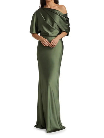 Etuikleid/Säulenkleid für die Brautmutter, Herbst, Hochzeitsgast, Party, elegant, schulterfrei, Sweep/Pinselzug, Satin, halbe Ärmel mit Rüschen