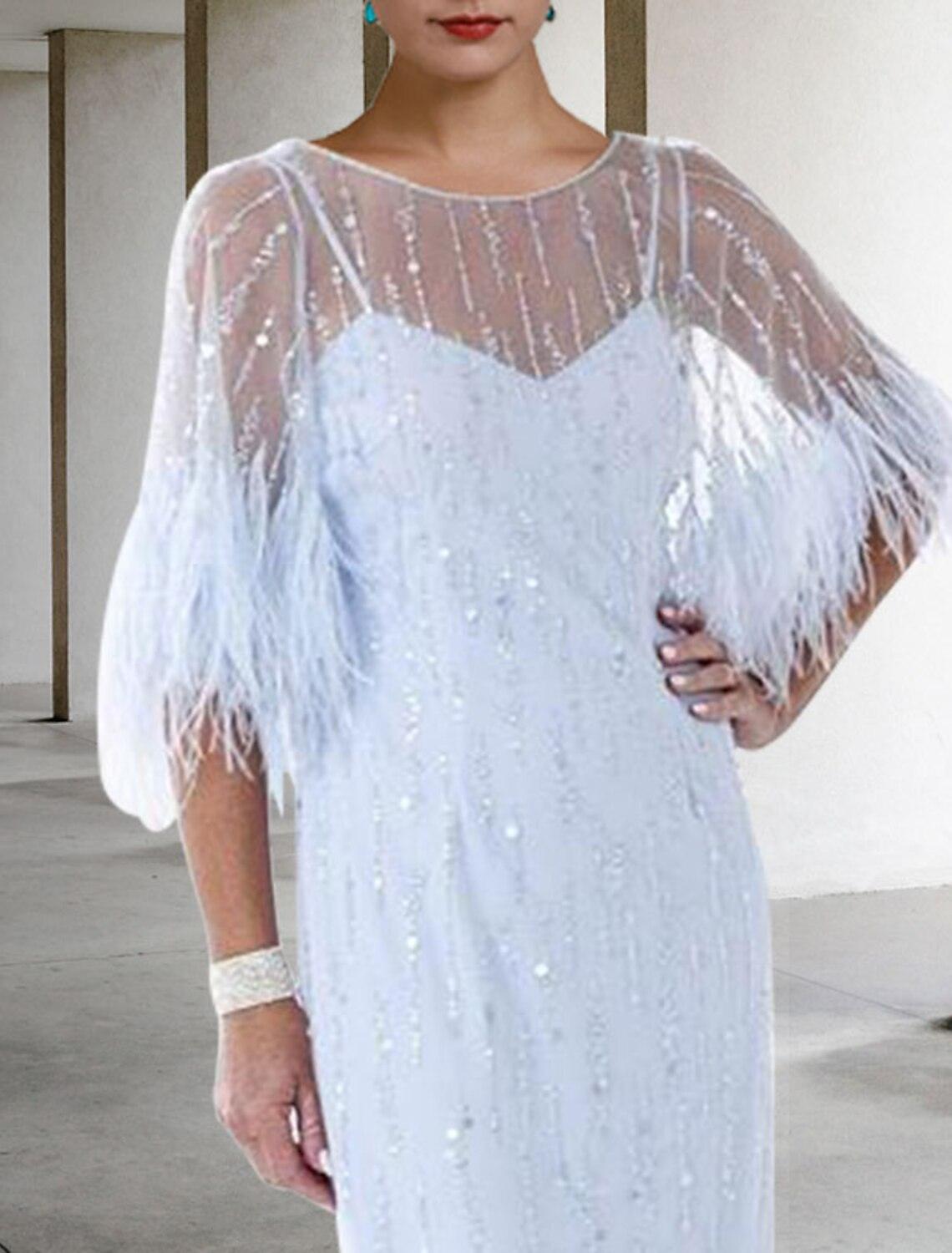 Vestido de mãe da noiva com bainha/coluna, para convidada de casamento no outono, brilho e elegância, decote em joia, comprimento até ao joelho, chiffon elástico, meia manga com penas, missangas e lantejoulas