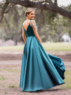 Wrap Satin A-Line Floor Length Evening Dress