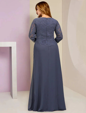 Kleider für die Brautmutter, Übergröße, geschwungen, Bauch verbergen, Hochzeitsgast, Party, elegant, U-Ausschnitt, bodenlang, Chiffon, Spitze, 3/4-Ärmel mit Rüschenapplikationen