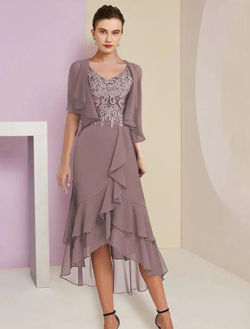 Zweiteiliges A-Linien-Kleid für die Mutter der Braut, formelle Herbsthochzeitsgäste, elegant, hoher und niedriger V-Ausschnitt, asymmetrisch, knielang, Chiffon, Spitze, kurze Ärmel, 3/4-Ärmel, Wickelkleid inklusive Applikationen