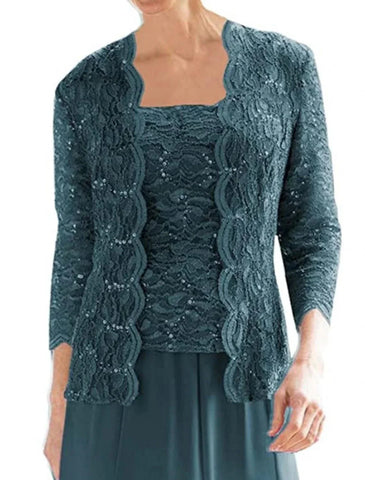 Zweiteiliges elegantes Vintage Sparkle &amp; Shine Kleid für die Brautmutter, quadratischer Ausschnitt, knielang, Chiffon, Spitze, 3/4-Ärmel, Falten, Pailletten