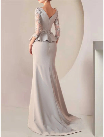 Meerjungfrau/Trompete Kleid für die Brautmutter, Hochzeitsgast, elegant, V-Ausschnitt, Schleppe/Pinselzug, Stretchstoff, halbe Ärmel mit Spitzenrüschen