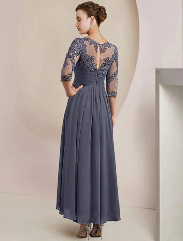 Zweiteiliges A-Linien-Kleid für die Mutter der Braut, formeller Hochzeitsgast, eleganter U-Ausschnitt, knielang, Chiffon, Spitze, 3/4-Ärmel, Wickelkleid inklusive, mit Applikationen, Rüschen