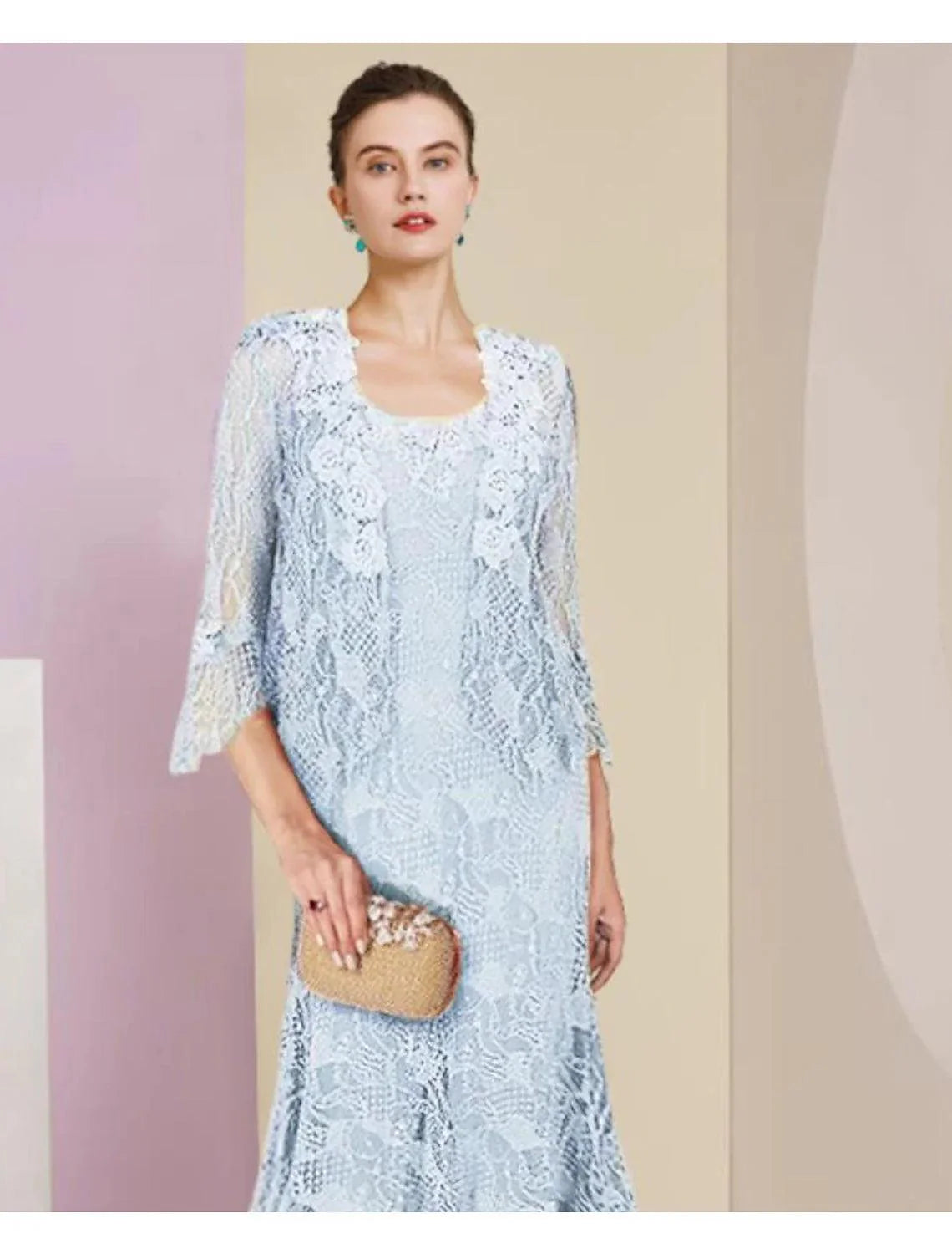 Vestido de mãe da noiva em duas peças, estilo sereia/trompete, formal, para convidada de casamento, elegante, decote redondo, assimétrico, comprimento chá, renda, sem mangas, incluído com cor sólida