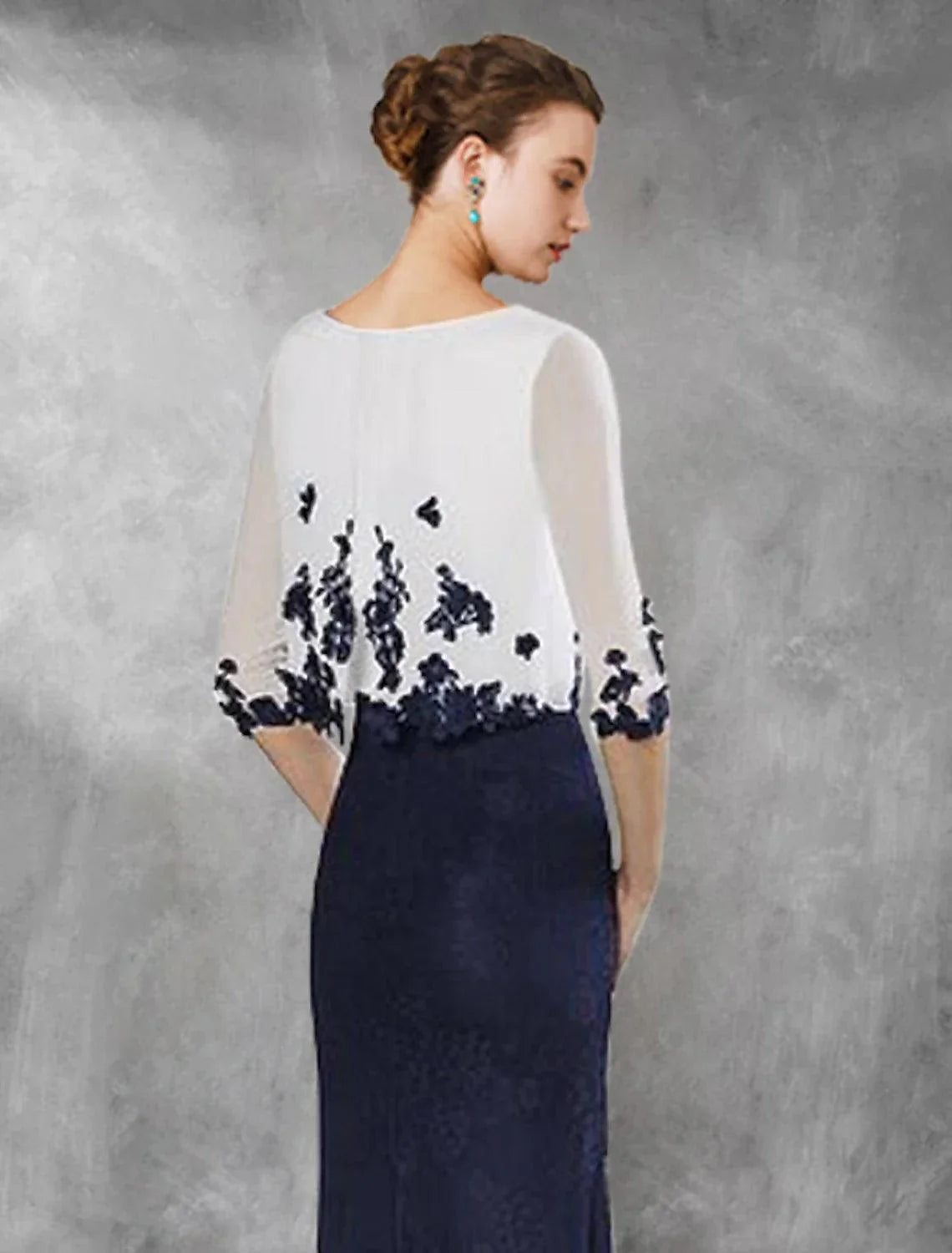 Vestido de mãe da noiva de duas peças, estilo tubo/coluna, vintage, elegante, com decote em joia, comprimento até ao chão, chiffon, renda, meia manga com aplicações, bloco de cores