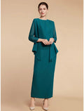 Etuikleid/Säulenkleid für die Brautmutter, Hochzeitsgast, elegant, schlicht, Rundhalsausschnitt, knöchellang, Chiffon, lange Ärmel, mit Schlitz vorne, Rüschen, einfarbig