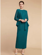 Vestido tubinho/coluna para mãe da noiva, convidada de casamento, elegante, simples, decote em joia, comprimento até ao tornozelo, chiffon, manga comprida, com racha frontal, franzido, cor sólida