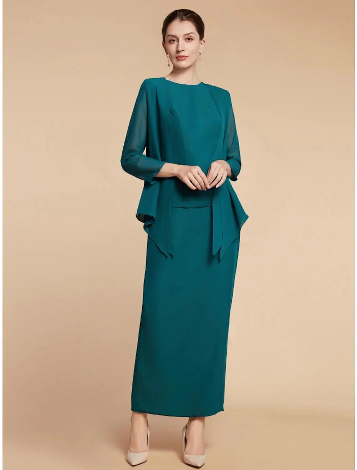 Vestido tubinho/coluna para mãe da noiva, convidada de casamento, elegante, simples, decote em joia, comprimento até ao tornozelo, chiffon, manga comprida, com racha frontal, franzido, cor sólida