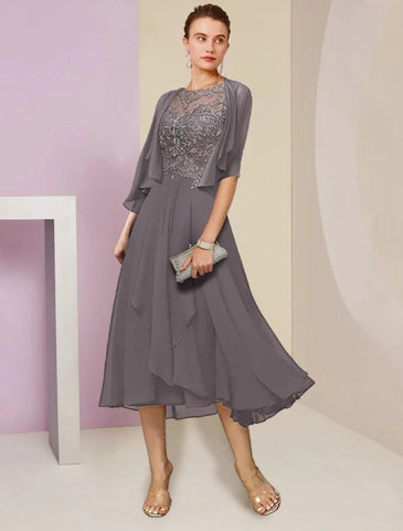 Zweiteiliges A-Linien-Kleid für die Mutter der Braut, formeller Hochzeitsgast, eleganter U-Ausschnitt, knielang, Chiffon, Spitze, halbe Ärmel, Wickelkleid mit Perlen-Pailletten-Applikationen