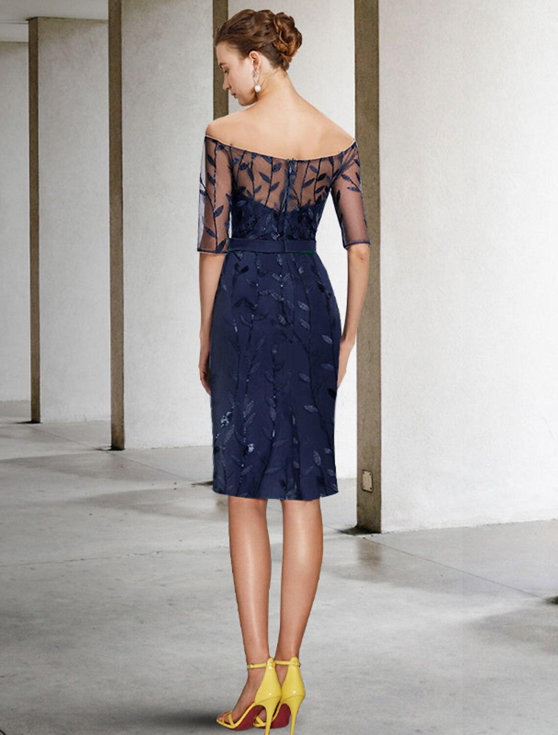 Vestido de mãe da noiva de duas peças, estilo coluna, formal, para convidada de casamento, com brilho e elegância, ombro de fora, comprimento até ao joelho, chiffon, renda, lantejoulas, meia manga com apliques de laço(s)