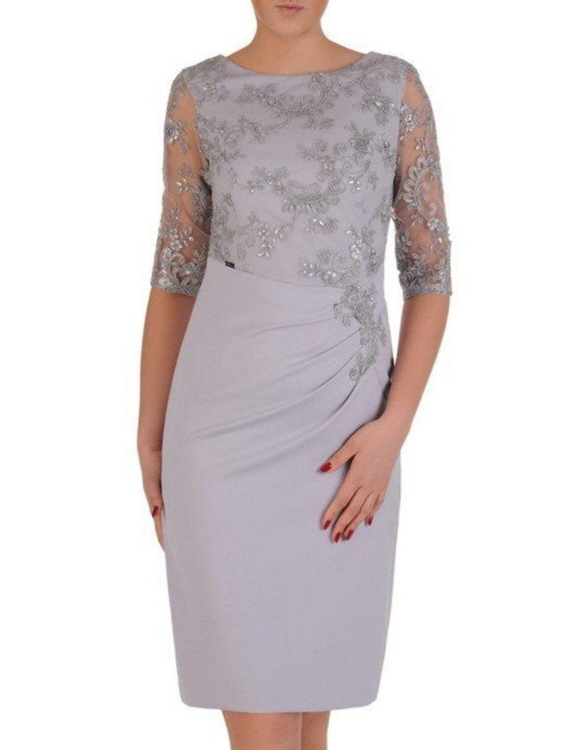 Vestido de festa para mãe da noiva, bainha/coluna, elegante, decote redondo, comprimento até ao joelho, chiffon, renda, meia manga com lantejoulas