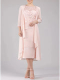 Etuikleid/Säulenkleid für die Brautmutter, Hochzeitsgast, elegant, zierlich, U-Ausschnitt, knielang, Chiffon, 3/4-Ärmel mit Spitzenschicht