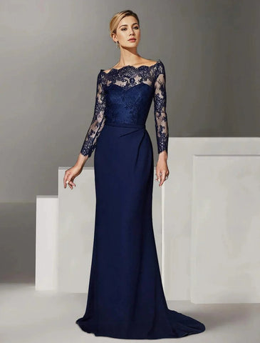 Formelles Hochzeitsgastkleid, elegant, schulterfrei, bodenlang, Spitze, Stretch-Chiffon, lange Ärmel mit Spitze, Kleid für die Brautmutter