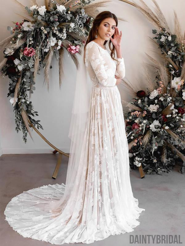 Elegantes Batau-Ausschnitt-Brautkleid mit langen Ärmeln und offenem Rücken und Schleppe. DB10055