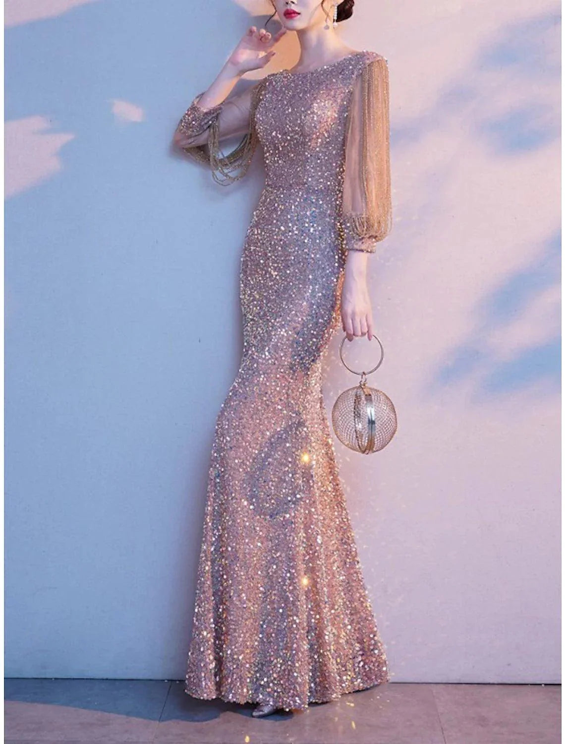 Mother of the Bride Dress Elegant Sparkle & Shine Petite Jewel Neck Floor Length Sequined 3/4 Length Sleeve with