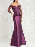 Meerjungfrau/Trompete Kleid für die Brautmutter, Hochzeitsgast, Party, elegant, schulterfrei, bodenlang, Stretch-Satin, 3/4-Ärmel mit Spitzen-Pailletten-Rüschen