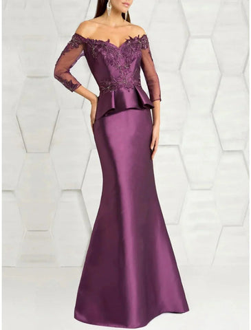 Mermaid / Trumpet Mother of the Bride Dress Wedding Guest Party Elegant Off Shoulder Floor Length Stretch Satin 3/4 Length Sleeve with Lace Sequin Ruching