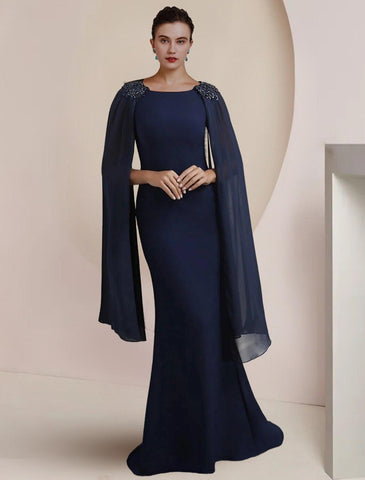 Meerjungfrau/Trompete Kleid für die Brautmutter, formeller Hochzeitsgast, elegant, U-Ausschnitt, Pinselschleppe, Chiffon, ärmellos, mit Perlenstickerei